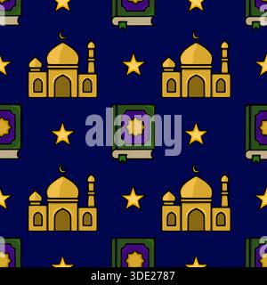 Seamless vector pattern featuring Islamic mosque, stars, and a holy book on a dark blue background, perfect for Ramadan and Eid decorations. Stock Vector