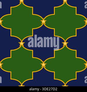 Seamless vector pattern of green quatrefoil shapes with golden star accents on a deep blue background, evoking a sense of festive elegance and geometr Stock Vector