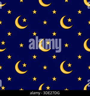Seamless vector pattern of yellow crescent moons and stars on a deep blue night sky background. Stock Vector