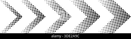 Set of black chevron arrow shapes with halftone, noise, pixel or gritty texture isolated on white background. Directing signs with polka dot mosaic print. Vector graphic illustration. Stock Vector