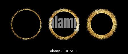 Set of golden round frames with grainy texture. Gold circular shapes with glitter, scatter or mezzotint effect borders isolated on black background. Solar eclipse silhouettes. Vector illustration. Stock Vector