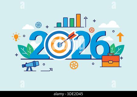 Modern vector illustration showing corporate goals, growth, and business success for 2026. The concept focuses on achievement, leadership and strategy Stock Vector