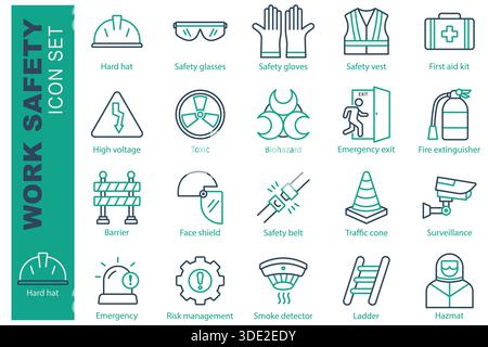 Work safety icon set. line icon style. containing icon hard hat, first aid kit, emergency exit and more. safety element vector illustration Stock Vector