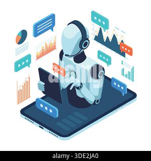 Isometric AI Customer Support Robot Assisting User on Digital Tablet. AI Customer Service Agent Concept Stock Vector