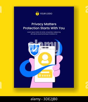 Vertical Poster Illustration Featuring Data Privacy and Cyber Security Flat Cartoon Hand Drawn Art Stock Vector