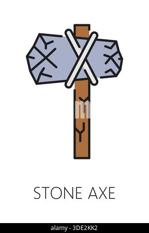 Museum and art gallery exhibition color line icon of stone axe, vector pictogram. Archeology museum or paleontology gallery exhibition outline icon of prehistoric work tool or ancient stone ax exhibit Stock Vector