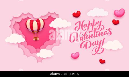 Paper cut valentine day banner with air balloon and pink sky clouds. Romantic vector message with hot air balloon floating through pink and white fluffy clouds within 3d layered heart shaped frame Stock Vector