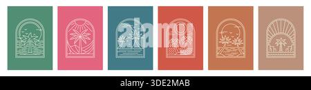 Boho palm tree arc icons, bohemian tropical plants. Abstract arch frames with palms, ocean waves, sunsets and natural landscapes, mountains and island. Vector outline emblems for hotels and vacations Stock Vector