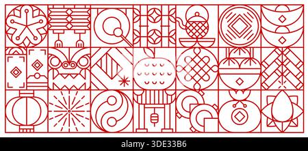 Chinese Lunar New Year geometric pattern in red and white colors with abstract shapes and minimalist design. Vector background features Asian lattice elements for festive postcards, fashion textures Stock Vector