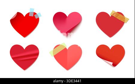 Heart shaped stickers, decorative vector paper heart sticky notes with folded corners, adhesive tapes and glitters. Valentine Day holiday love card, romantic stickers and creative stationery tags Stock Vector