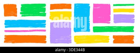 Rectangle, square box frames with colorful brush strokes set. Hand drawn crayon brush strokes square and rectangle doodle frame shapes. Rough grunge texture pastel background. Vector illustration Stock Vector