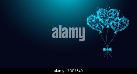 Low poly wireframe heart shaped balloons with bow on dark blue background. Stock Vector