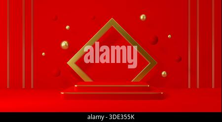 3d red vector podium stage with golden square arch, red and shiny spheres or pearls and vertical lines. Luxury product display, holiday event platform, cosmetics podium background for presentation Stock Vector