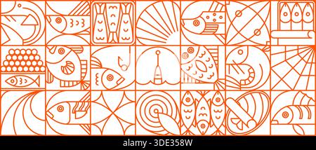 Seafood and fish geometric pattern with sea food and fish. Vector retro modern abstract linear marine motif with waves, hooks and nets line art elements for seafood, ocean and fishing background Stock Vector