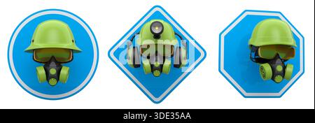 Safety helmets with goggles and respirators, shown on warning signs isolated on white background with clipping path, representing industrial safety co Stock Photo