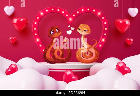 Valentine day podium stage with funny snakes couple and love hearts, vector greeting card. Valentine day love holiday podium stage or platform in clouds and hearts on strings for wedding marriage Stock Vector