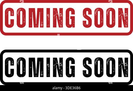 Coming Soon Grunge Box Stamp Set in Red and Black Stock Vector