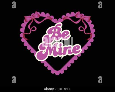 Retro Be Mine Valentine Heart with Bows on Black Background Stock Vector