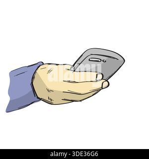 close up hand holding mobile phone illustration vector sketch with black lines Stock Vector