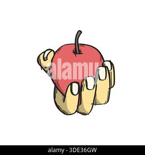 hand holding red apple illustration vector sketch with black lines Stock Vector