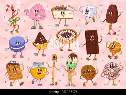 Cartoon groovy sweets and bakery characters of vector chocolate, candies, ice cream and pastry dessert food. Funny retro groovy cake, pie and cheesecake, cookie, donut, lollipop and cupcake characters Stock Vector