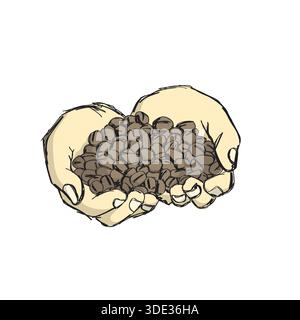 two hands holding coffee beans illustration vector sketch with black lines Stock Vector