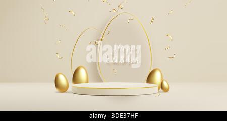 Golden Easter eggs and round podium on beige background. Vector realistic illustration of spring holiday banner design with presentation platform, gold streamer and glass morphism decor, greeting card Stock Vector