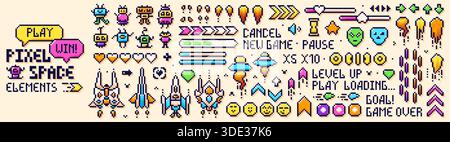 Pixel art 8 bit space elements. Color images of UFO, invaders, spaceships, and other game elements. Stock Vector