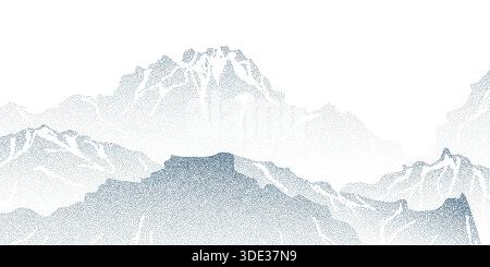 Grain mountain background with blue dot texture on white. Vector illustration of mountain ridge landscape with high summits and snow peaks, color spray effect, halftone gradient design, point art Stock Vector