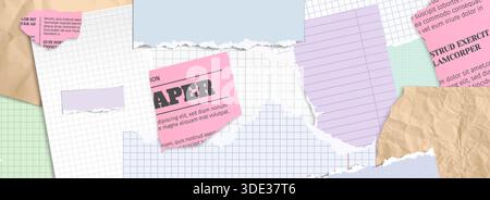 Ripped newspaper and notebook pages collage. Vector realistic illustration of blank graph and lined paper sheets, pieces of magazine articles with torn uneven edges, funky scrap poster background Stock Vector