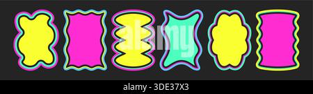 Abstract neon scallop frames set isolated on black background. Vector illustration of bright color rectangular borders with wavy edges, photo or picture decoration, creative collage design elements Stock Vector