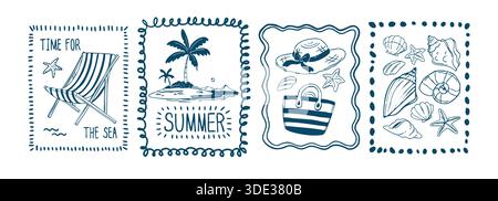 Summer beach sketch stamps set. Vector illustration of tropical island with palm tree, bag, hat, chaise lounge and seashells in blue wavy doodle frames, hand drawn vintage holiday postcard design Stock Vector