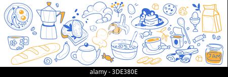 Breakfast doodle set with vintage chalk style illustrations. Coffee cups with croissant, bread and teapot, jam in jar and cafe menu icons drawn in blue and orange line art for brunch design. Stock Vector