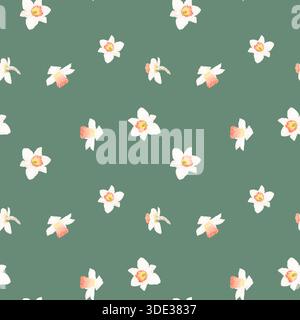 Daffodils, flowers with white petals . Watercolor illustration. Spring garden flowers, seamless pattern isolated on dark background. For Easter, March Stock Photo
