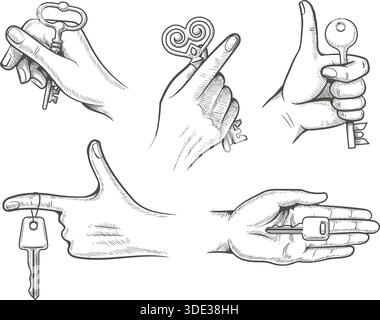 Sketching hands holding keys Stock Vector