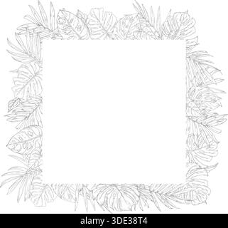 Palm and monstera leaves, black and white sketch. Vector illustration. Tropical tree leaves on a square postcard frame, isolated on a white background Stock Vector