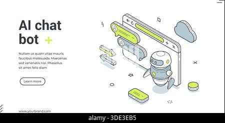 AI chatbot virtual assistant internet browser isometric web banner design template vector illustration. Artificial intelligence chat bot information r Stock Vector
