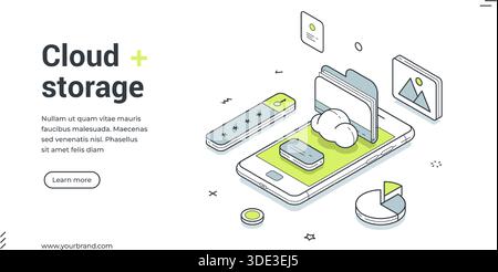 Cloud storage mobile app information backup isometric web banner design template vector illustration. Smartphone database computing technology file sy Stock Vector