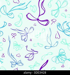 Silk bows with various tied loops and doodle hearts repeating in random pattern. Seamless tile isolated illustration hand drawn in ink. Perfect for Stock Vector