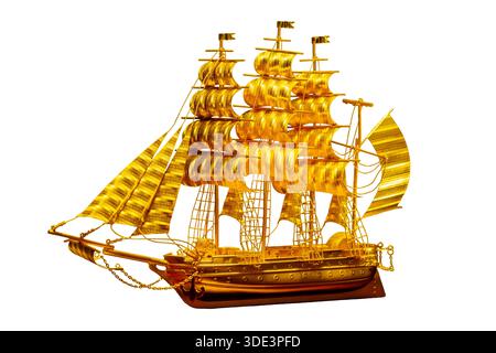 a detailed model of a large, old-fashioned sailing ship, finished in gold Stock Photo