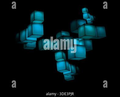 a lighting installation featuring an arrangement of glowing cubes floating in the dark background, physical cubes create dynamic, interactive visual d Stock Photo
