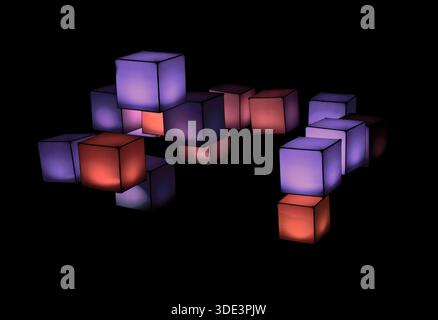 a lighting installation featuring an arrangement of glowing cubes floating in the dark background, physical cubes create dynamic, interactive visual d Stock Photo