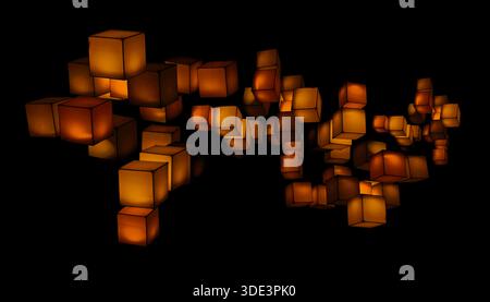 a lighting installation featuring an arrangement of glowing cubes floating in the dark background, physical cubes create dynamic, interactive visual d Stock Photo