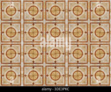 a marble tile floor featuring a central circular pattern with a four-pointed star design. The pattern is symmetrical and intricate, showcasing geometr Stock Photo