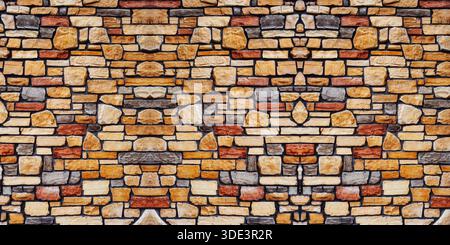 a rustic stone wall featuring an irregular, multicolored pattern of roughly rectangular and irregularly shaped stones in shades of beige, brown, gray, Stock Photo