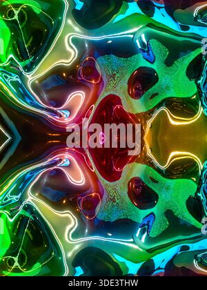 a vibrant, abstract photograph showcasing a mesmerizing, colorful liquid pour art. The image features swirling, fluid-like patterns in neon hues Stock Photo
