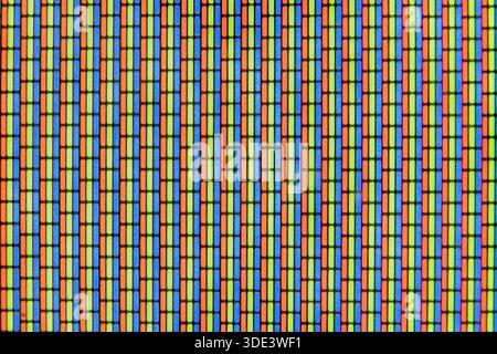 Analog TV Screen Close Up Texture. RGB dots seamless pattern, revealing digital display structure through vibrant red, green, blue color fragments Stock Photo