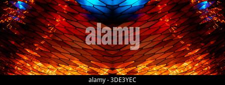 abstract, geometric wall made of hexagonal, glass-like tiles. The tiles reflect colorful lights creating a vibrant, shimmering effect. The overall tex Stock Photo