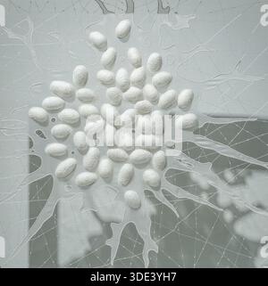 eggs on the spider web, art installation featuring numerous small, oval, egg-shaped objects arranged in a cluster on a translucent, cracked glass-like Stock Photo