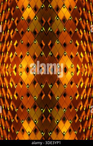 geometric, metallic surface featuring a grid pattern of square tiles. The tiles are illuminated with vibrant lighting, creating a dynamic, abstract an Stock Photo